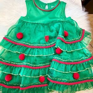 Lightning Bug Girls Tiered Christmas Tree Green / Red Poms Dress 3T Preowned